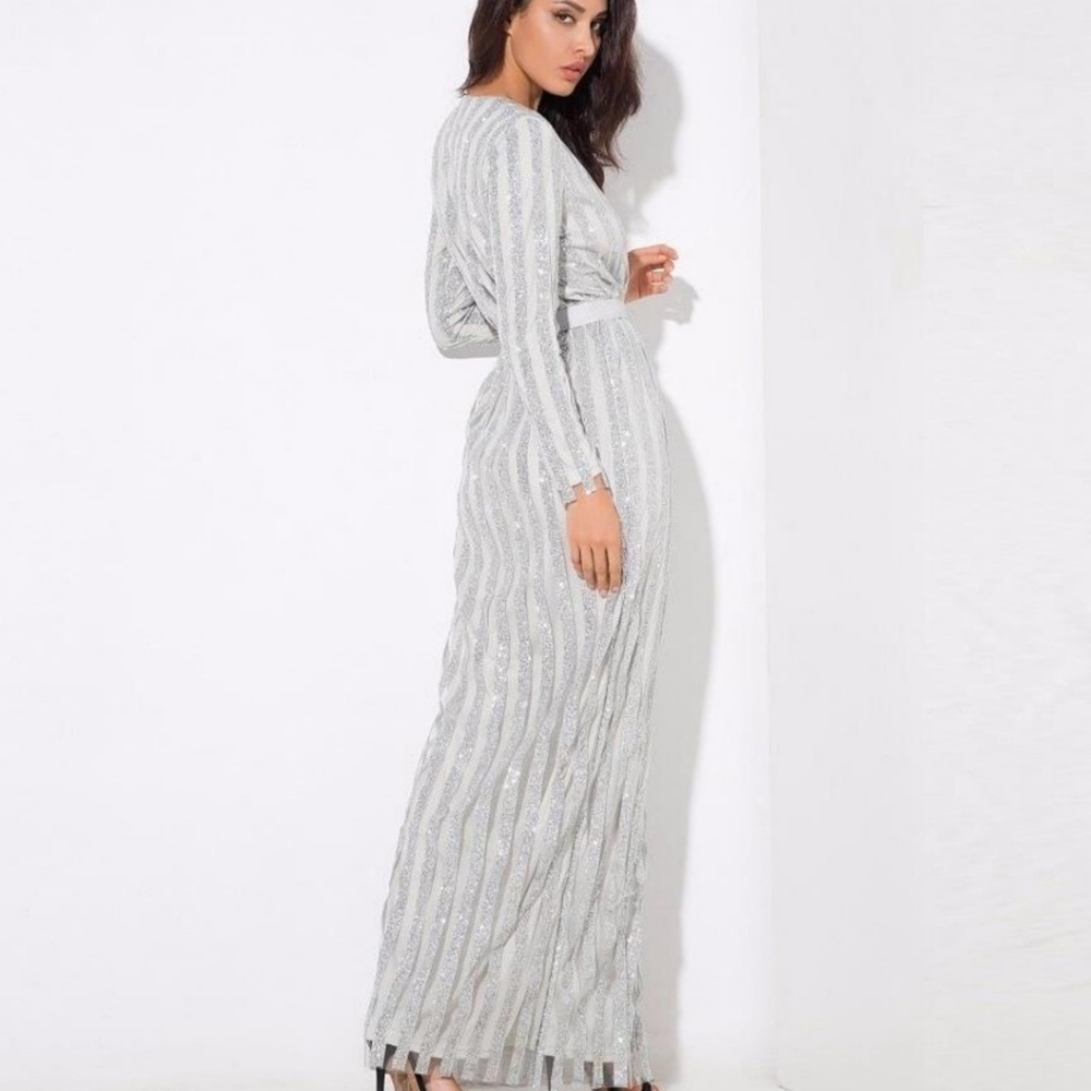 Long maxi dress long sleeve silver sparkly evening - Picture 4 of 4